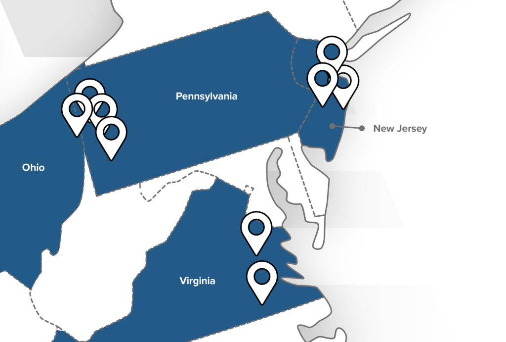 Map of Liberty Roofing Center locations in Pennsylvania, Ohio and Virginia